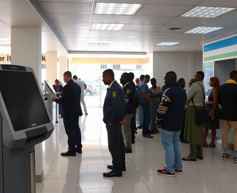Before — Terminal out of service at peak hours: the wait moves to the teller desk.